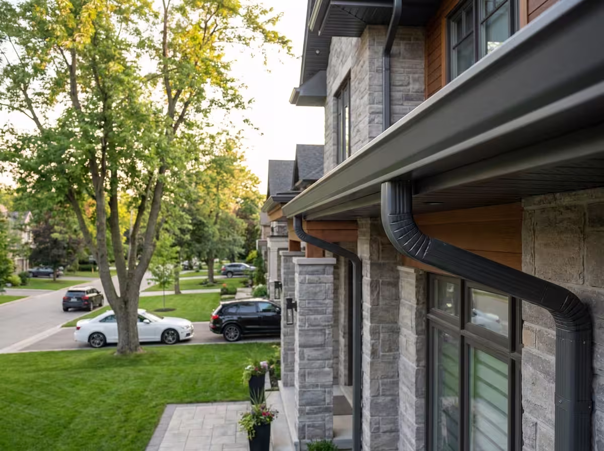 Close-up of high-quality Chromadek seamless gutters installed by Proflow Gutters SA