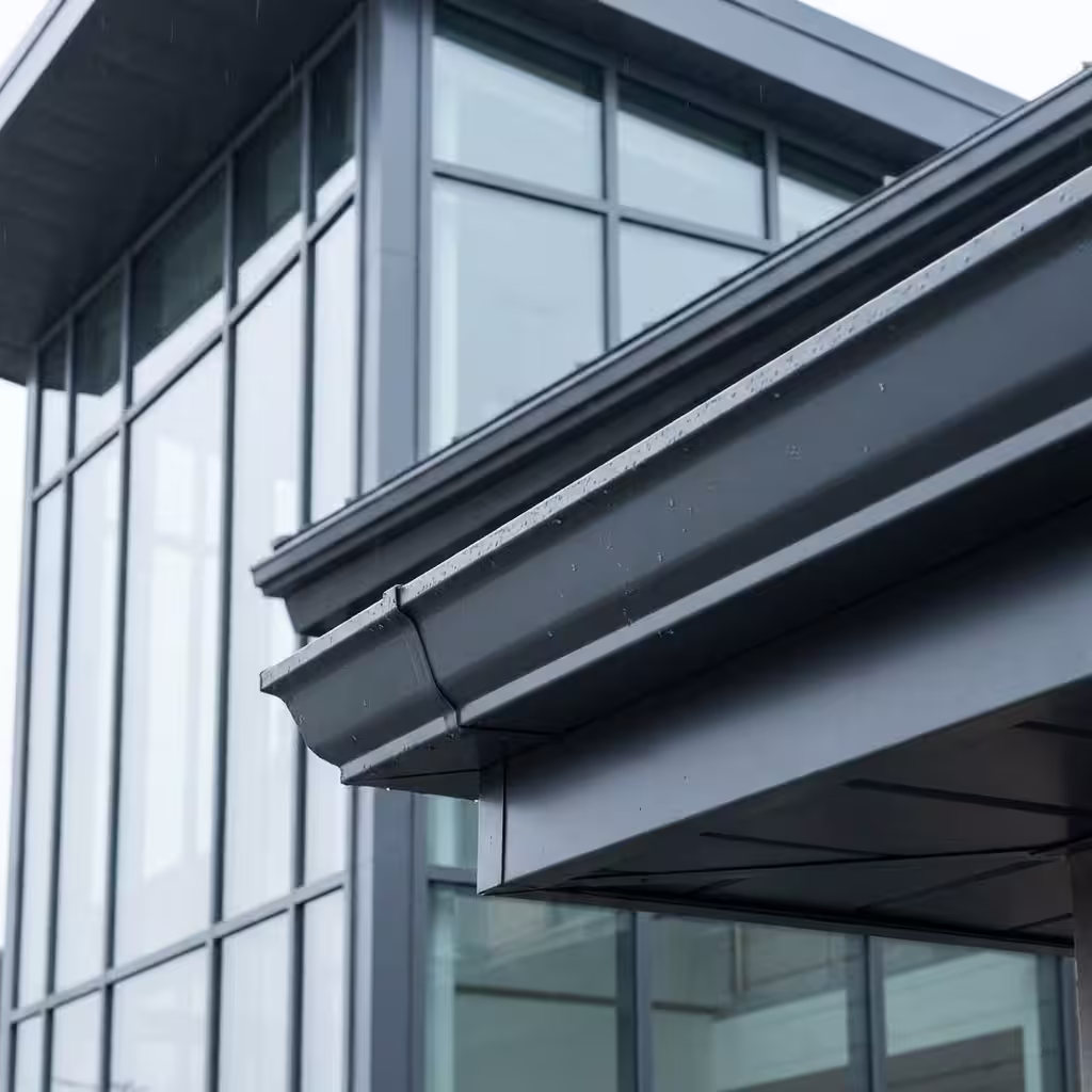 Seamless Chromadek gutters precisely fitted on a commercial office building in Gauteng