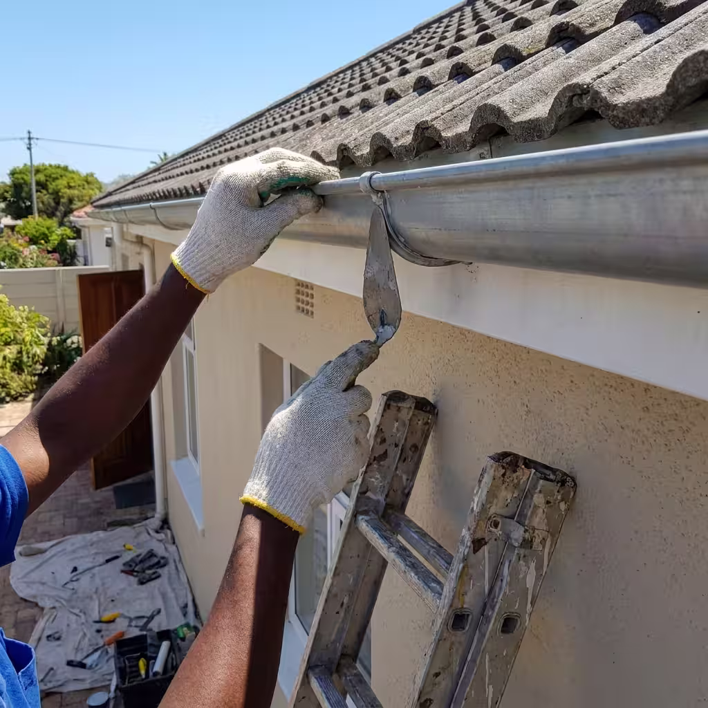 Close-up of professional gutter repair and resealing work on a residential property