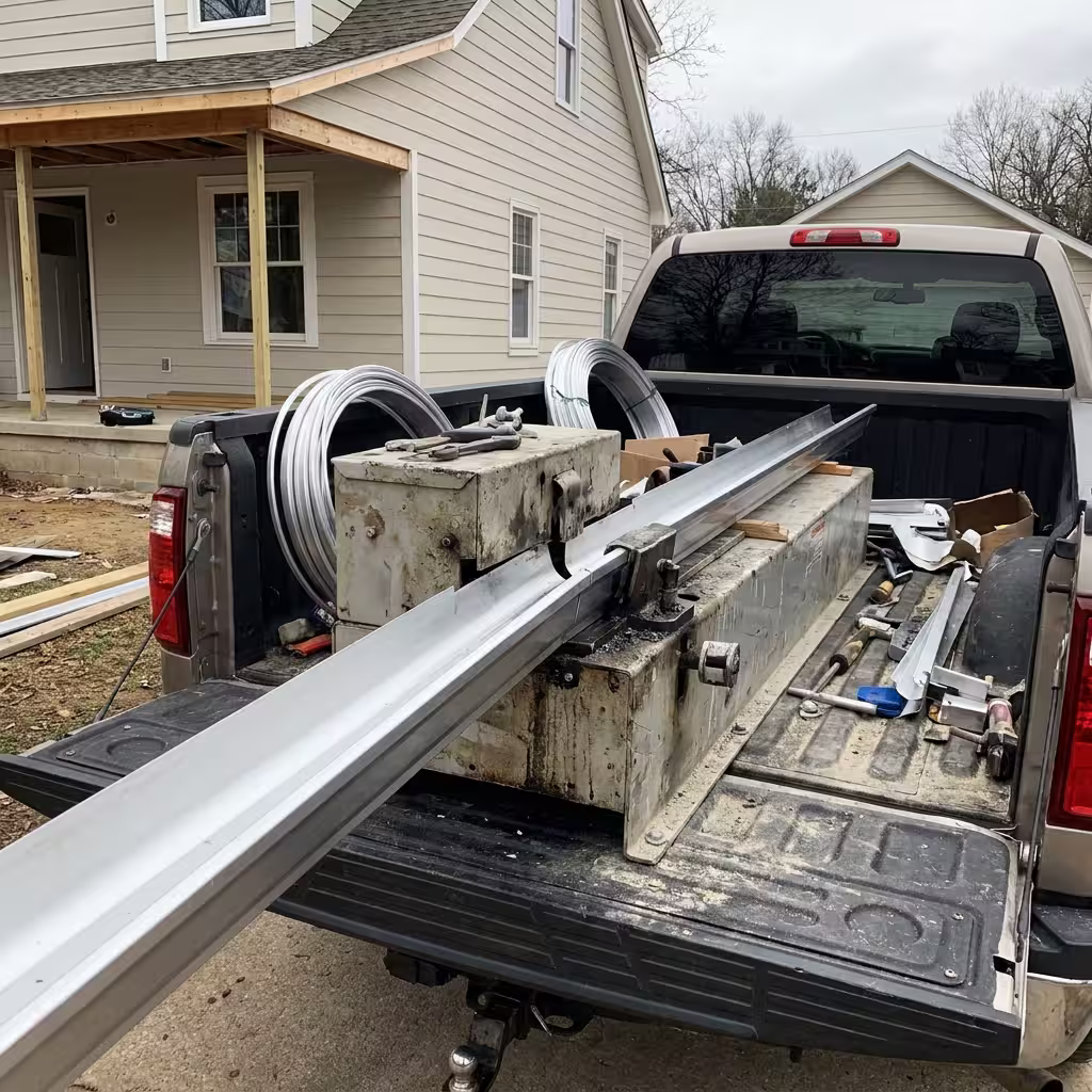 Proflow Gutters SA bakkie and roll-forming machine arriving on-site to manufacture seamless gutters