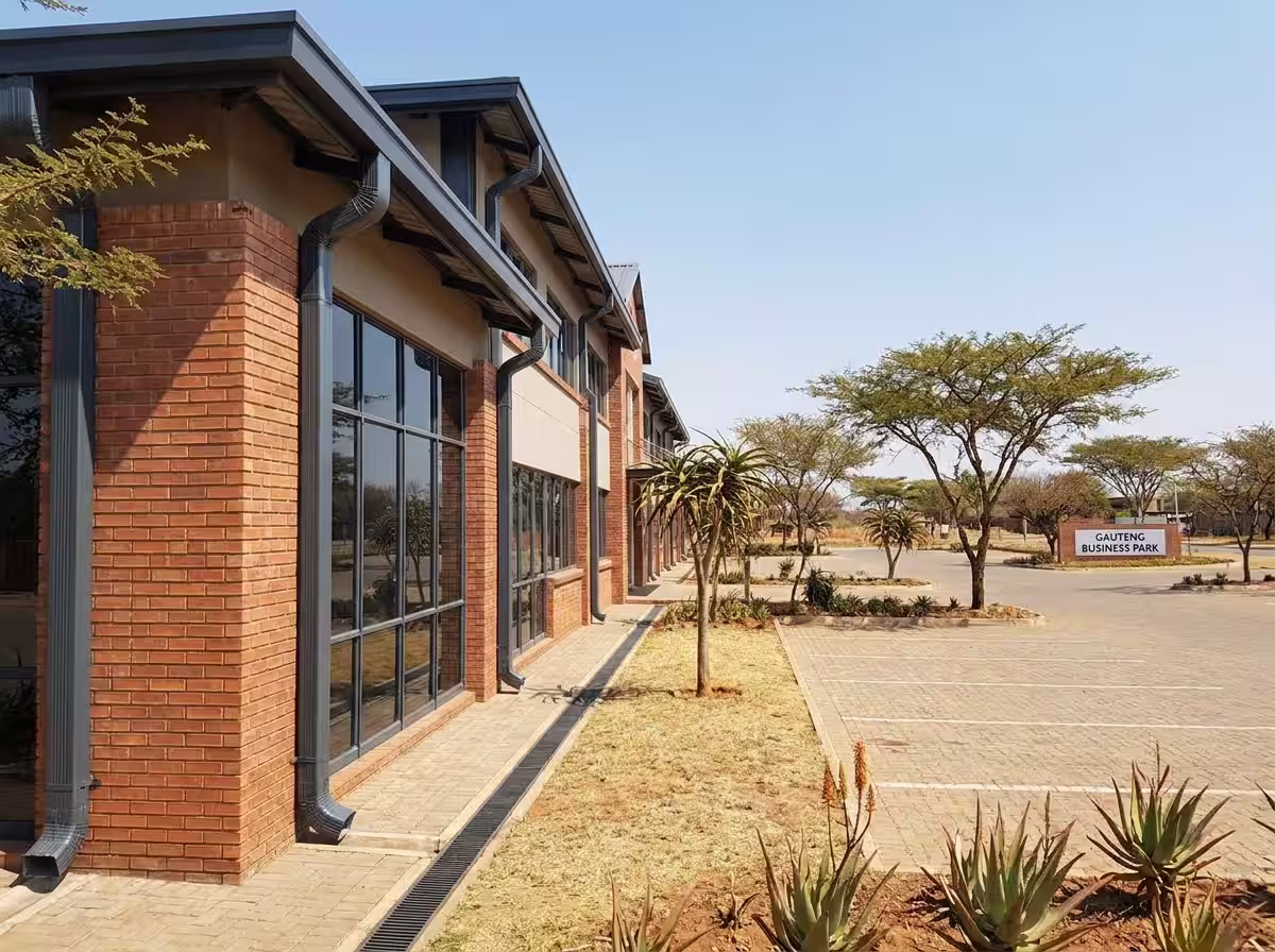 Commercial gutter system installed on an office park in Gauteng by Proflow Gutters SA