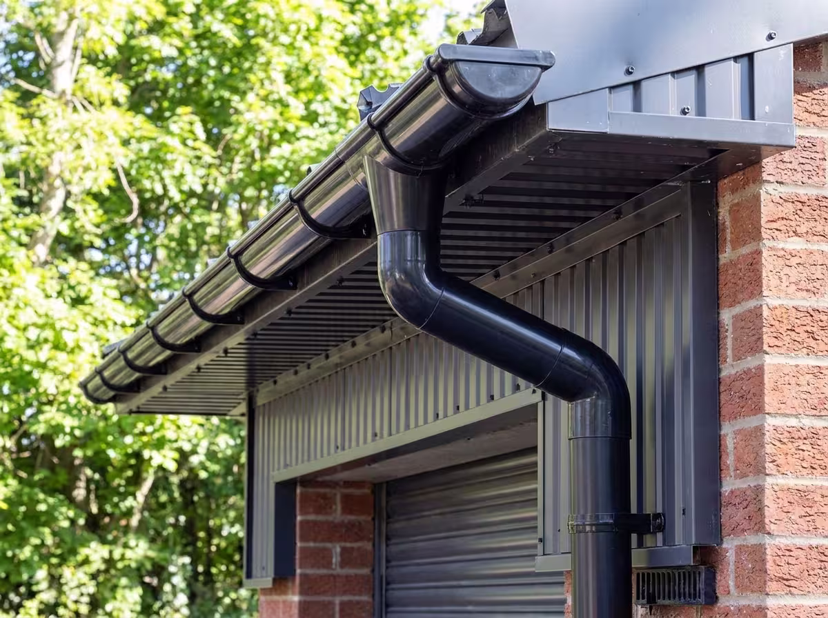 Downpipe being installed and secured to a wall with brackets by Proflow Gutters SA